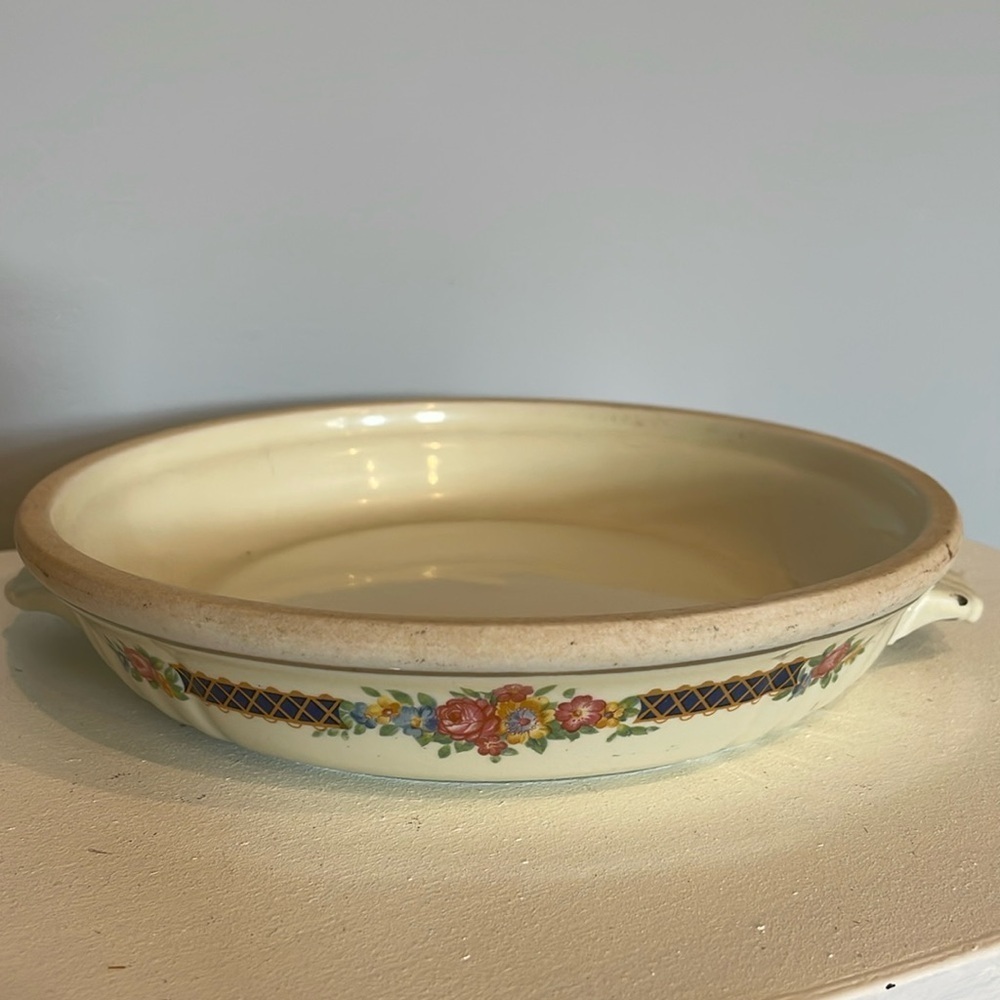 Antique crock small dish with floral pattern beige with blue bouquet pattern